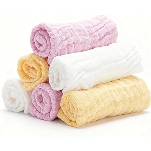 Organic Muslin Baby Washcloths 6 Pack Baby Bath Face Towel 12x12 Inch Extra Absorbent and Soft Burp Cloth and Wash Cloths for Newborn-Infants On Sensitive Skin (White Yellow Pink)