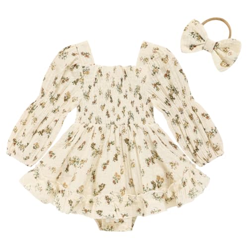 Baby Girl Romper Dress Smocked Long Sleeve Jumpsuit & Headband for Infants | Square‑Neck Cotton Outfits, Dress with Snap Closure, for Daily Wear, Photoshoots & Baby Shower Gifts