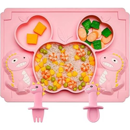 3Pcs Toddler Silicone Dinosaur Placemat Spoon and Fork Set,Divided Plate Dish for Baby Kids Infant Self Feeding Training，Non-Suction BPA Free Microwave Dishwasher Safe-Pink Dinosaur