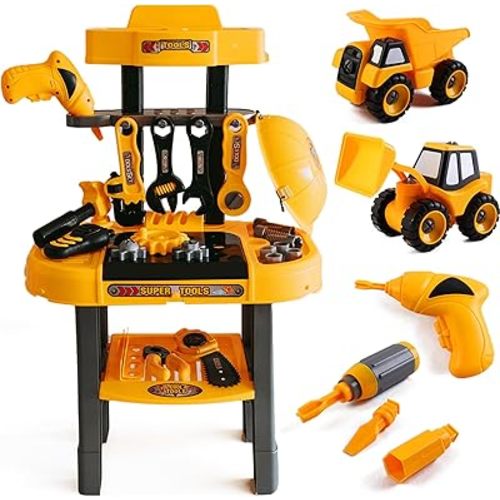 Toddler Workbench & Tool Set with Battery-Operated Drill - Includes 2 Big Take-Apart Trucks & Realistic Tools, Construction Tool-Bench Toy for Kids 3-5, Toolbox Gift for Boys 3 4 5 Years Old