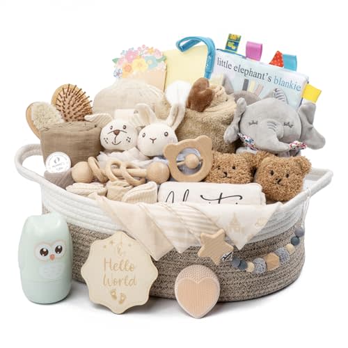 30 Piece Baby Gift Basket – Luxury Curated Baby Girl Gift Basket for Newborn, Premium All-in-One Baby Shower Gift Set, Essentials with Keepsakes for First Moments (Khaki)
