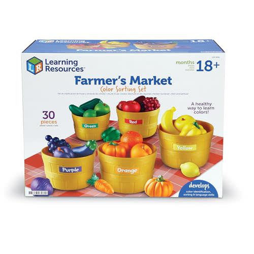 Learning Resources Original Farmer's Market Color Sorting Set | Pretend Play Food Sets for Kids Kitchen, Color Sorting Toys, Plastic Fruit and Vegetable Toy for Kids Kitchen Set