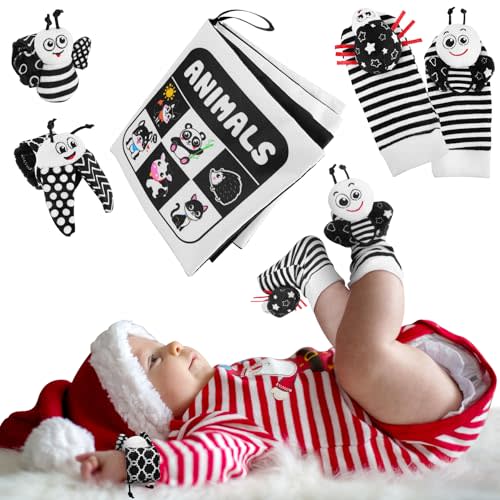 8PCS Black and White Sensory Toys Baby Socks & Wrist Rattles + 1PCS Cloth Book Kits for Baby Boy Girls Toys 0 3 6 9 12 18 Months