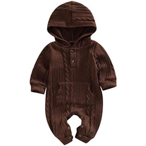 Ynibbim Winter Newborn Baby Boy Girl Solid Romper Unisex Infants Hooded Outfit Clothes Waffle Cotton Button Jumpsuits