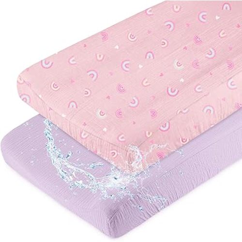 Basumee Muslin Changing Pad Cover Waterproof 2 Pack Baby Changing Table Covers for Boys and Girls Soft Breathable Nursery Diaper Change Table Cover Pad Fits 32"x16", Pink Rainbow and Purple