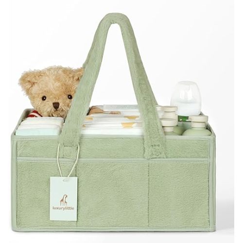 luxury little Soft Baby Diaper Caddy Organizer, Nursery Storage Basket with Removable Divider, Portable Baby Diapers Basket, Gifts for New Parent, Baby Shower, Newborn Must-Have Essentials, Green