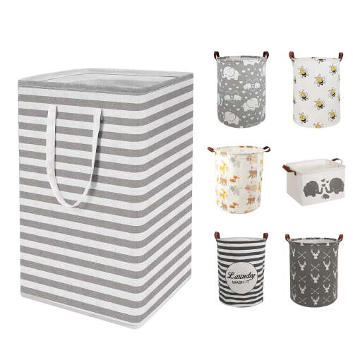 EVNELE Large Laundry Basket, Waterproof Canvas Laundry Hamper, Collapsible Storage Basket Bin for Kids Room, Toy Organizer, Nursery Hamper, Clothes Hamper, Gray Stripes