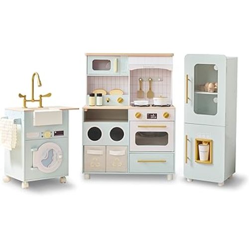 Teamson Kids Little Chef Savannah Wooden Montessori Pretend Play Kitchen for Toddlers Kids Ages 3+ Modular Three-Piece Set with Sink Cart Stove & Fridge for Boys and Girls Playset, Green