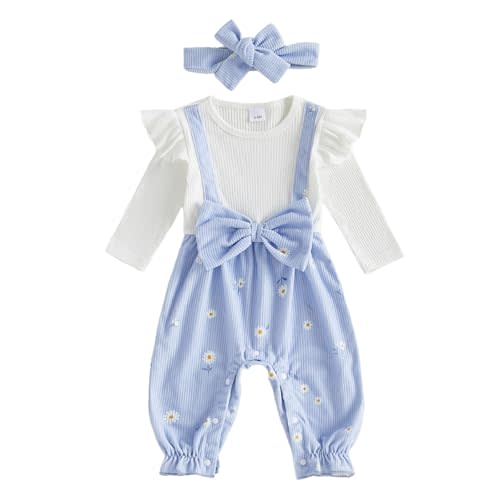 PUHHAPIEY Newborn Baby Girl Fall Clothes Corduroy Floral Bow Onesie Jumpsuits Ruffle Long Sleeve Outfit Infant Cute Romper