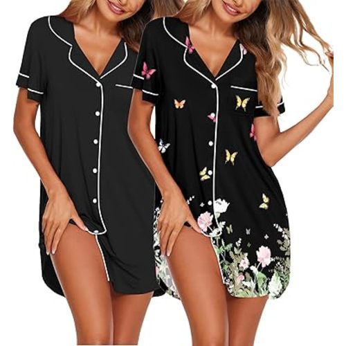 Ekouaer Nightgowns for Women 2 Pack Button Down Sleepwear Short Sleeve Sleepshirts Soft Nightshirts Boyfriend Pajama Dress