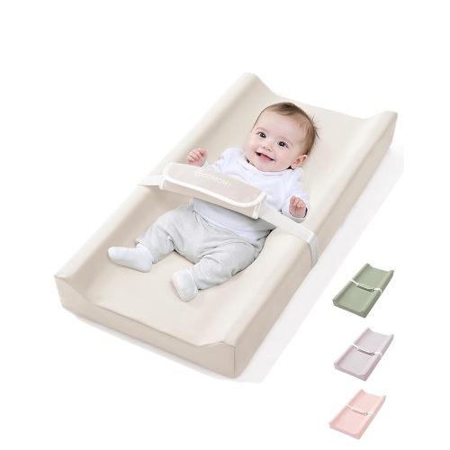 COMOMY Baby Changing Pad with Wipeable & Waterproof PU Cover, Contoured Diaper Changing Pad for Dresser with Non-Slip Safety Belt, Portable and Lightweight, Large Cushioned Foam, Beige