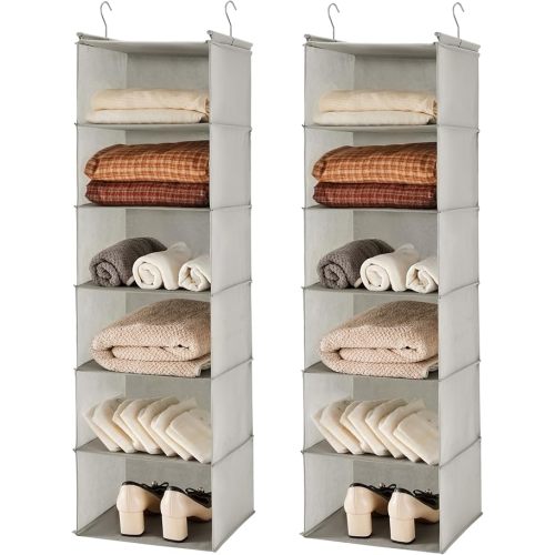 MAX Houser 6 Tier Shelf Hanging Closet Organizer, Closet Hanging Shelf with 2 Sturdy Hooks for Storage,2 Pack, Foldable (Light Grey)