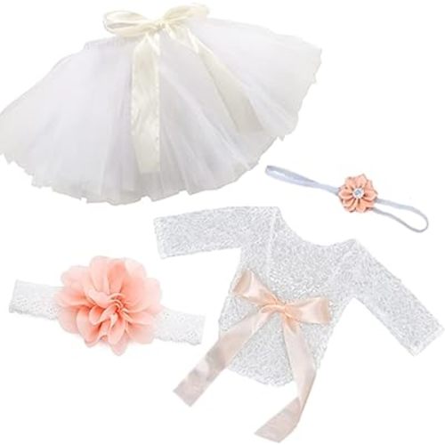 4 PCS Newborn Photography Props Outfits-BabyTutu Skirt Cute Bow Headdress and Lace Rompers Flower Headband Sets for Infants Girl Boy White