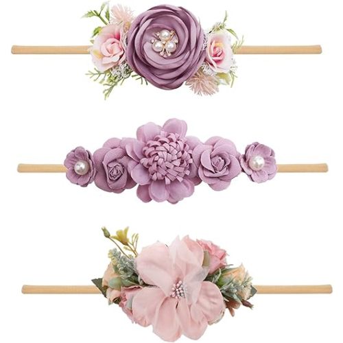 Baby Girl Headbands Nylon Flower Elastic Hairbands 3pcs Hair Accessories Gift for Newborn Infant Toddlers (YM4)