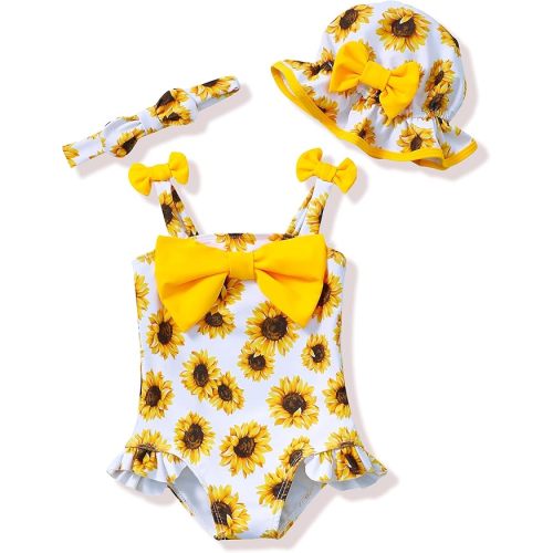 Baby Girl Swimsuit Infant Bathing Suit Swimwear Sleeveless Bikini Tankini Toddler Girl One-Piece Swimsuit with Hat