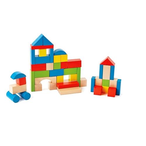 Hape Maple Wood Kids Building Blocks Stacking Wooden Block Educational Toy Set for Toddlers, 50 Brightly Colored Pieces in Assorted Shapes and Sizes