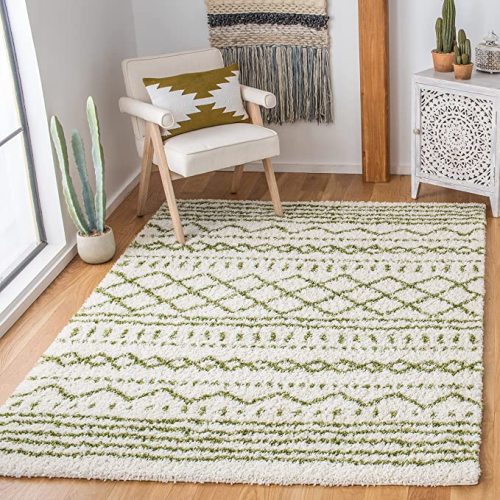 SAFAVIEH Arizona Shag Collection Area Rug - 5'1" x 7'6", Ivory & Green, Moroccan Design, Non-Shedding & Easy Care, 1.6-inch Thick Ideal for High Traffic Areas in Living Room, Bedroom (ASG741Y)