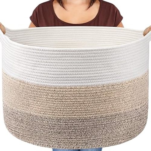 Maliton Extra Large Blanket Basket Living Room, 22" X 22" X 14" Woven Cotton Rope Laundry Basket Toy Baskets with Handle Storage Comforter Cushions Clothes Thread Laundry Hamper