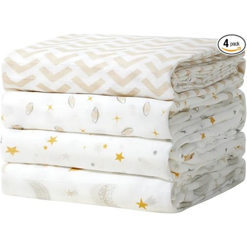 Momcozy Muslin Swaddle Blanket, 4 Pack Ultra Soft Neutral Swaddle Blankets, Breathable Large 47'' x 47'' Baby Infant Newborn Essentials, Boys Girls Receiving Blanket, Beige Star