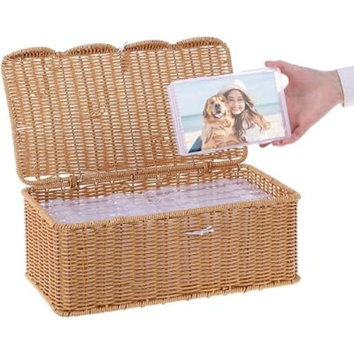 Photo Storage Box, Rattan Keepsake Memory Box with 12 Inner Plastic Cases
