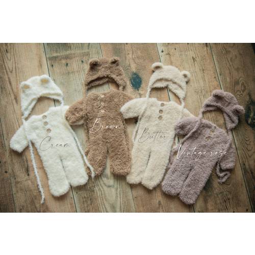 MINK Newborn Footed Romper/ Knitted Newborn Photography Prop / Stretch Footed Romper & Bear Hat Set/ baby photo props