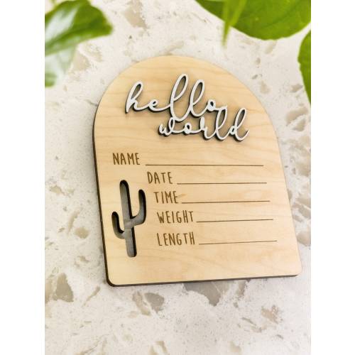 Cactus Arch Plaque Hello World | Personalizable Hospital Birth Info Sign | Desert | Name Disk | 3D