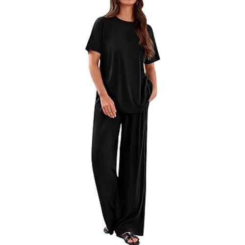 PRETTYGARDEN Spring Lounge Sets for Women 2 Piece Short Sleeve Crewneck Cute Tops and Wide Leg Pants with Pockets Pj Set