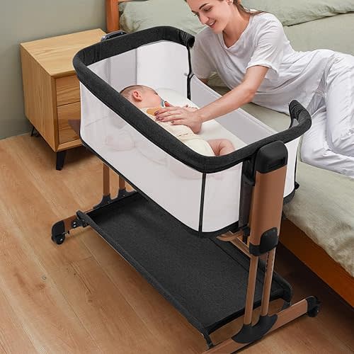 3 in 1 Baby Bassinet, Rocking Bassinets with Comfy Mattress and Wheels, Adjustable Height Bassinet Bedside Sleeper, Easy Folding Portable Crib for Newborn (Black)