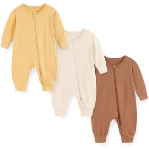 falianni 3 Pack Cartoon Baby Unisex Jumpsuits Comfy Solid Color New born Boy Girl Rompers Long Sleeve Zipper Infant Colthes