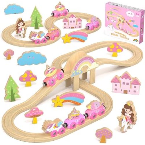Hot Bee Wooden Train Set for Girls, 38Pcs Pink Unicorn Wood Train Track Set