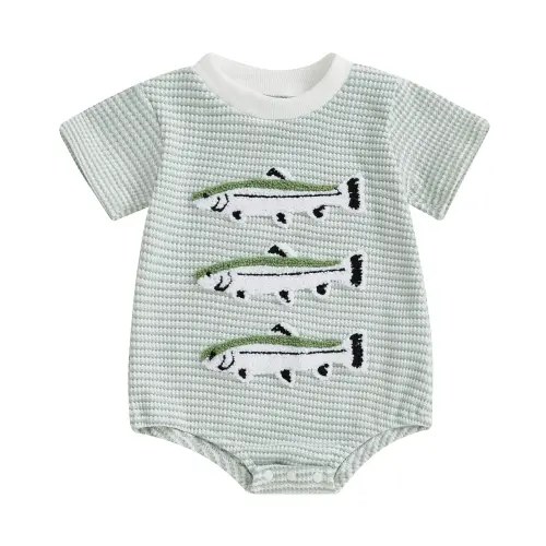 Newborn Baby Boy Fishing Romper Waffle Knit Stripe Short Sleeve One Piece Bodysuit Jumpsuit Infant Outdoor Summer Clothes Casual Outfit - TikTok Shop