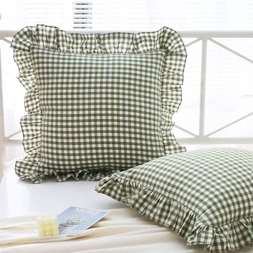 Mywinlle Sage Green Plaid Ruffle Euro Pillow Shams 26"x26",2 Pack Vintage Checkered Washed Cotton Pillow Cases for Bed, Sofa, Living Room