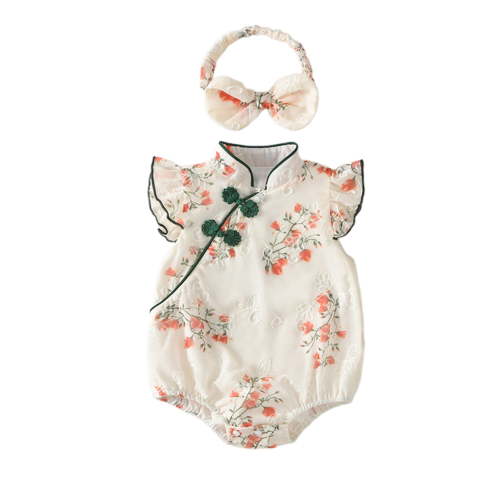 BemeyourBBs Baby Girls Chinese Outfit Floral Print Embroidery Romper and Headband
