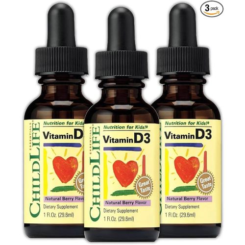 CHILDLIFE ESSENTIALS Baby Vitamin D3 Drops - for Infants, Children, & Toddlers, Vitamin D Drops, 500 IU per Serving, Immune & Bone Health Support, Natural Berry Flavor - 1 Fl Oz (Pack of 3)