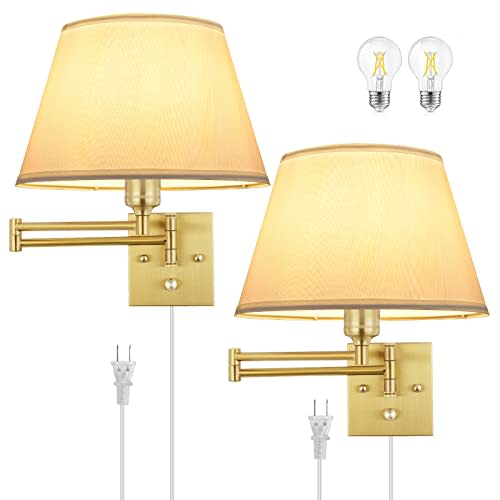 TRLIFE Dimmable Wall Sconce Plug in, Brushed Brass Wall Sconces Set of 2 Swing Arm Wall Lights with Plug in Cord and Dimmer On/Off Knob Switch, 11.8" Large White Fabric Shade(2 LED Bulbs Included)