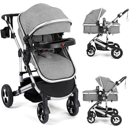 Kinder King 3 in 1 Reversible Baby Stroller w/Detachable Tray, Convert to Newborn Pram, Folding Infant Carriage for Toddler, Adjustable Canopy & Handle, Aluminum Alloy, Suspension Wheels