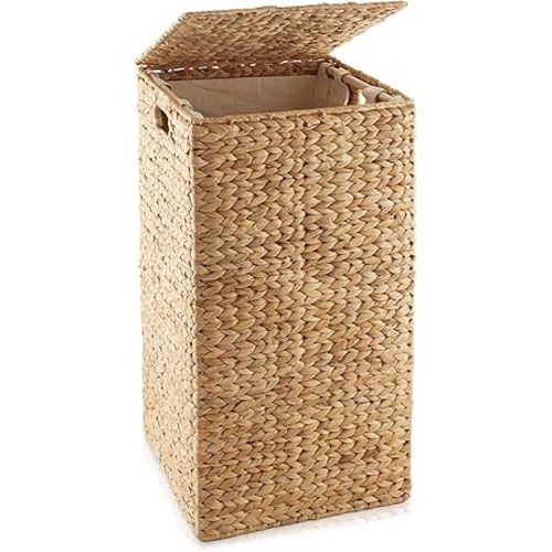 Casafield Laundry Hamper with Lid and Removable Liner Bag - Natural, Woven Water Hyacinth Square Laundry Basket Sorter for Clothes and Towels