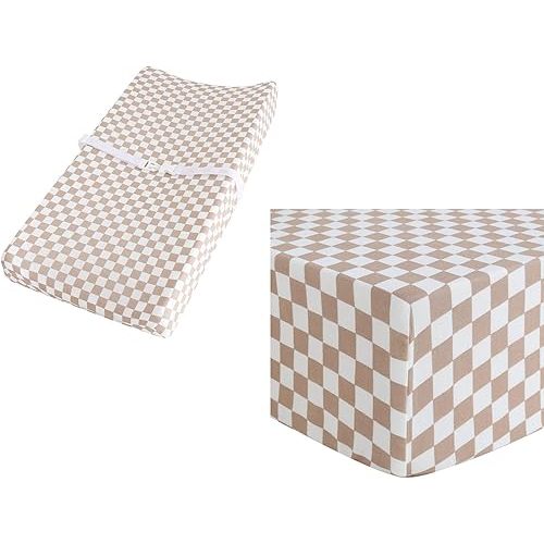 LifeTree Muslin Crib Sheets and Changing Pad Covers Fitted, Checkered Pattern, 70% Viscose from Bamboo and 30% Cotton Fabric