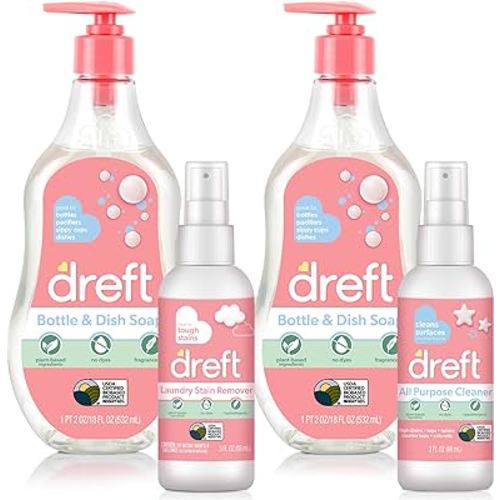 DREFT Bottle and Dish Soap Baby Gift Set - Bonus Travel Size Dreft All Purpose Cleaner & Stain Remover - Made to Clean Baby Essentials - Plant Based Ingredients, Fragrance Free Formula - 4 Piece Set