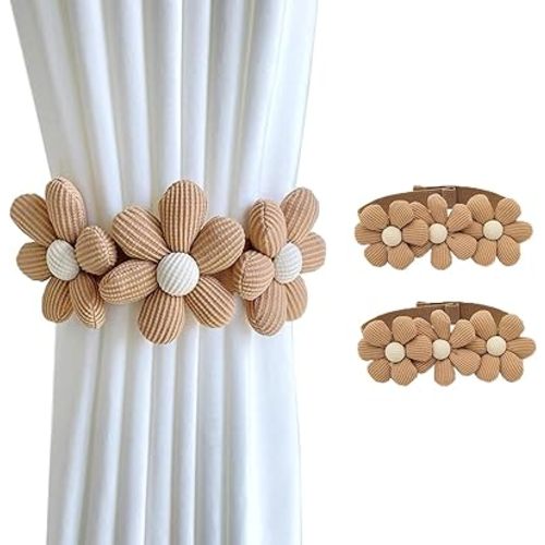 SRG Sunflower Curtain Tiebacks-2 Pack | Curtain Holdbacks with Three Flower | Curtain Tiebacks Boho | Japanese Curtain Ties | Cute Flower Curtain Ties Decorative for Bedroom Window Treatment （Khaki）