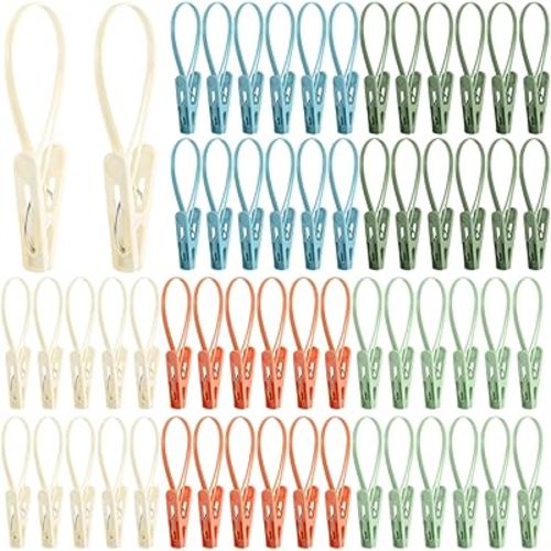 Honeydak 60 Pack Multi-Purpose Laundry Hooks Hanging Clips Bulk with Plastic Rope Hanger Clips for Baby Clothes Closet Organizer for Pants Hat Sock Boot Bra Towel Bathroom Wardrobe (Classic Colors)