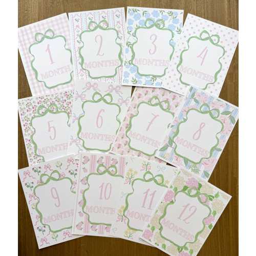 READY TO SHIP Baby Girl Milestone Cards, Pink Floral Watercolor, Linen Texture Photo Props