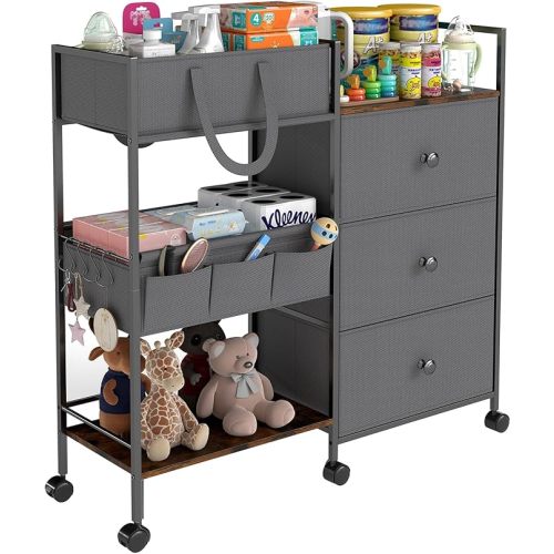 Diaper Caddy Organizer and Storage, 3-Tier Baby Storage Organizers with 2+2 Dividers, Large Capacity Diaper Rolling Cart for Nursery, Diaper Caddy Cart for Crib, Bedroom, Bathroom