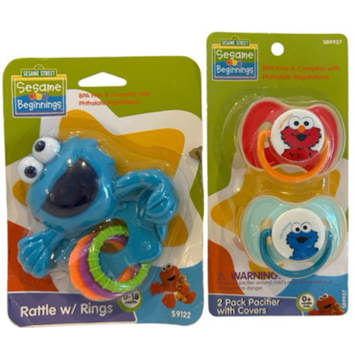 New Sesame Street Baby 2 Pack Pacifiers with Covers & Cookie Monster Rattle