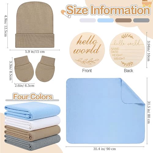 4 Pcs Newborn Receiving Blanket with Beanie Hat Mittens Wooden Announcement Sign Set Cute Newborn Baby Boy Girl Gender Neutral Nursery Swaddle Wrap