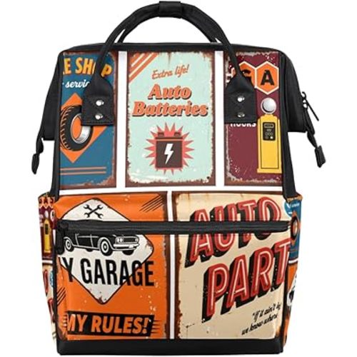 Vintage Car Theme Diaper Bag Backpack Large Compartment Mommy Bag with Stroller Straps Waterproof Casual Daypack for Mom and Dad Travel Bag