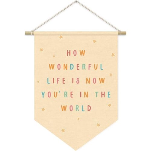 Nursery Decor, How Wonderful Life Is Now You're in the World Wall Hanging Sign Flag, Positive Affirmations, Kids Affirmations Nursery Wall Art Canvas Hanging Pennant Flag Banner 15x11in