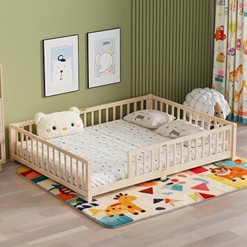 LLS Queen Floor Bed for Kids Toddlers, Solid Wood Multifunctional Montessori Bed Frame with Safety Guardrails, Without Door, Easy Assemble,Natural