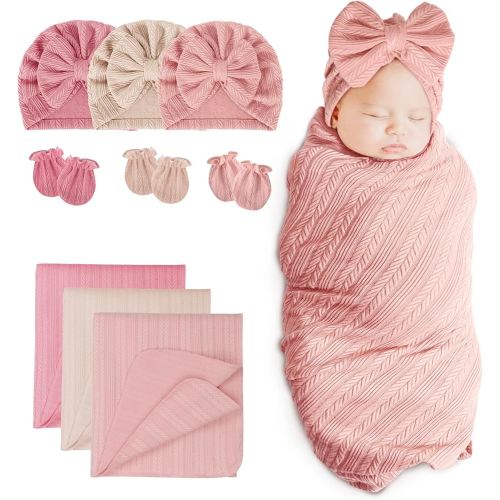 DRESHOW BQUBO Newborn Receiving Blanket Hat Mittens Set for Baby, Unisex Baby Boys Girls Essentials, Newborn Registry Must Haves, Stroller Crib Shower Gifts