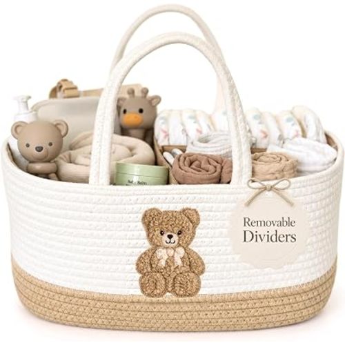 Baby Diaper Caddy Organizer, Teddy Bear Cotton Rope Nursery Basket